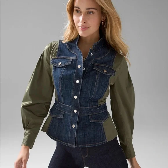 White House Black Market Denim and Olive Jacket - Picture 1 of 5